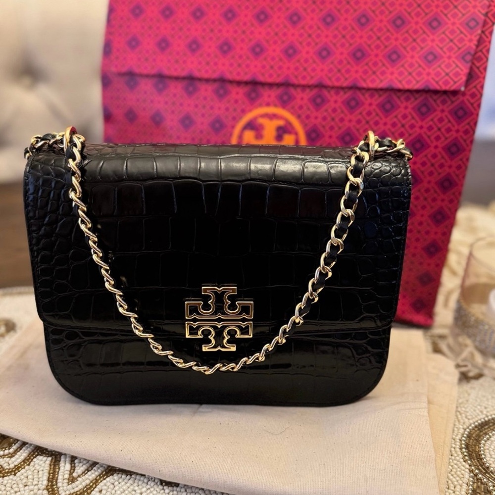 Brand New Authentic Tory Burch Black Croc Embossed Leather Bag!